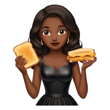 Beautiful woman in 1950’s woman fashion look, black shimmery dress, long dark brown hair, grilled cheese sandwiche sticker