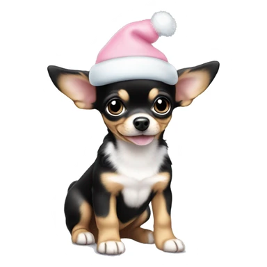 black & tan chihuahua puppy full body light blue eyes pink christmas hat on sticker