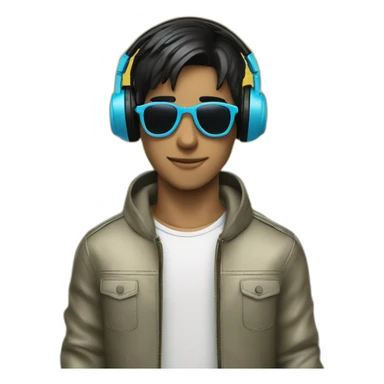 A stylish boy wearing headphones and sun glasses and in background music waves black hair sticker