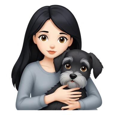 A beautiful girl with long black hair hugs a Schnauzer sticker