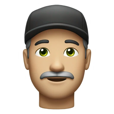 man wearing a black flat cap, with a short beard and mustache, and a neutral expression. The man has light skin, green eyes, and subtle wrinkles on his forehead sticker