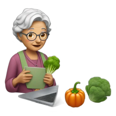 Old woman with a laptop and a vegetable sticker