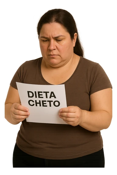 donna realistica leggermente in sovrappeso che legge un foglio con la scritta "dieta Cheto", sfondo bianco, iperrealistica 4k, IPERREALISTICA 4K sticker
