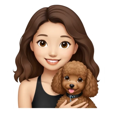 a asian girl with long brown balayage hair, long lashes, smiling, wearing black halterneck top, and holding a brown poodle sticker