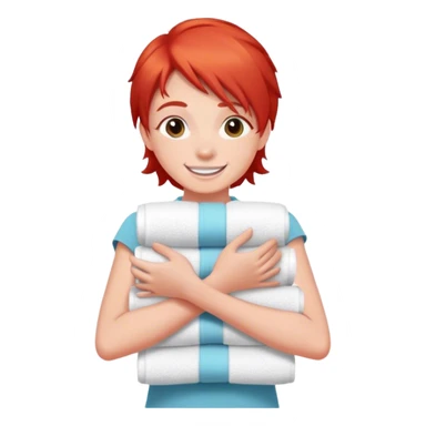 cheerful teenager on the road with red hair carrying a stack of towels in her arms sticker