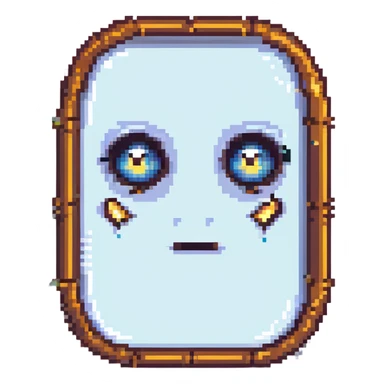anthropomorphic mirror with piercing eyes, bursts of truth, pixel art style, mysterious and energetic atmosphere sticker
