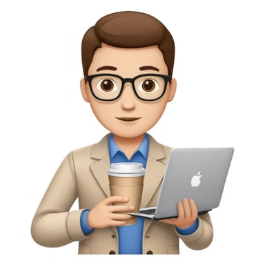 business owner confidently, holding a closed laptop in one hand and a takeaway coffee cup in the other. The character wears casual-smart clothes. sticker