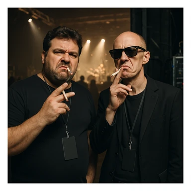 Par de personas que trabajan en la industria musical (hombre robusto de 40 años y otro hombre flaco calvo y con lentes de sol), parados conversando en el backstage de un concierto, con aires de superioridad, mientras se fuman un cigarro, mientras miran a la cámara (músico) de forma despectiva y burlona sticker