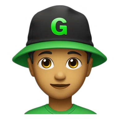 A child with green eyes, wearing a black hat and a green T-shirt with a black letter “G” on it  sticker