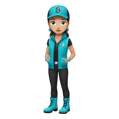 A landscaper in a beautiful turquoise jacket and turquoise boots, black pants, and a black sleeveless shirt. On his head is a black Swissotel baseball cap. The girl is a brunette with blue eyes. sticker