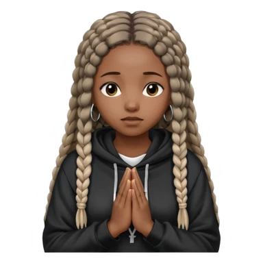 African American girl dark skin with long box braids and plain black hoodie with prayer hands sticker
