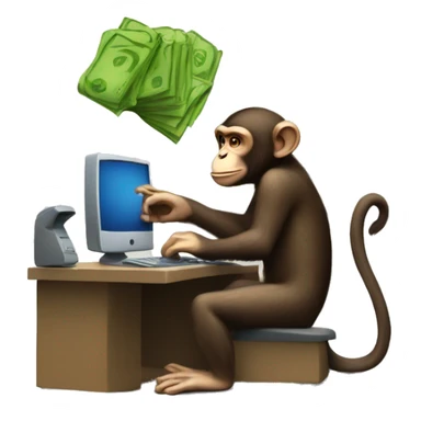 A monkey at a computer. There's a lot of money next to it. sticker