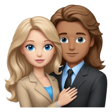 White Barbie girl  , eyes blue , Chestnut  long wavy hair In beige clothes, Hugs a man with brown hair, brown eyes and a black suit sticker