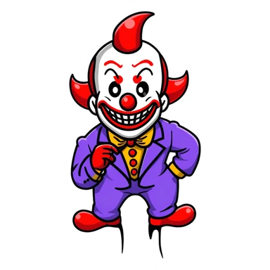 demonic clown wearing a leisure suit, bald with different horn styles sticker
