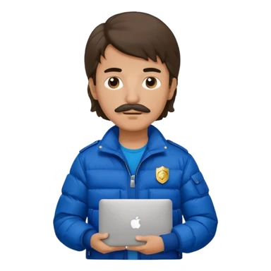 generate an ios genmoji of a 20 year old boy with shoulder length hair and a mullet. cop mustache. carrying a macbook and wearing a puffer jacket sticker