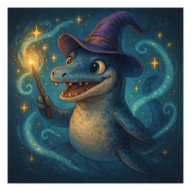 liopleurodon with a wizard hat and wand, magical aura, playful sticker