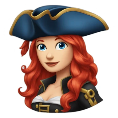 Woman long red platted hair, hair to one side. pirate hat. One side of head has no hair. Blue eyes. skull and crossbones t shirt sticker