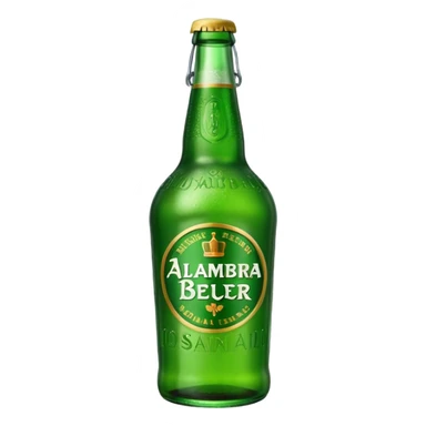 Create a green beer bottle based on the brand Alhambra. No sticker on the bottle. The name is a relief in green over the bottle surface sticker