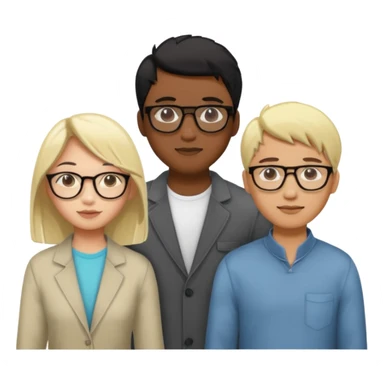 four people. Asian girl, black guy with glasses and dyed blonde hair, indian guy with glasses, asian guy sticker