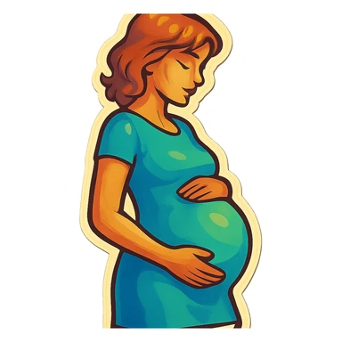pregnant woman half-length portrait, in short dress, standing sideways, holding belly, face and head fully in frame, retro stickers style, soft rounded shapes, expressive contours, vintage color palette, light paper texture, shadows and highlights, transparent background sticker