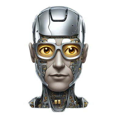 Male cyborg head with metallic skin, flat top, rectangular glasses and circuits sticker