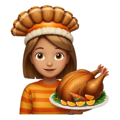 happy tan girl with an orange striped sweater and a cooked browned turkey on her head  sticker