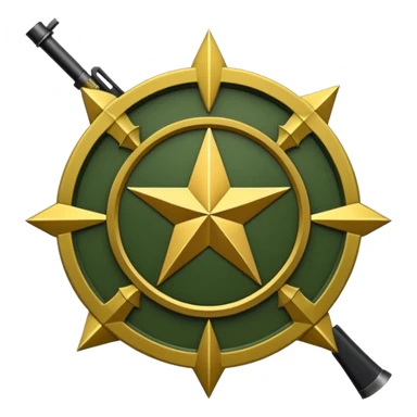 Insignia militar realista para videojuegos de guerra (estilo Delta Force), forma de escudo metálico con bordes desgastados. Incluye:

Símbolo: [fusiles cruzados / águila / estrellas / espada] Insignia redonda con fusil cruzado y una estrella, metal rayado, verde oliva y negro. sticker