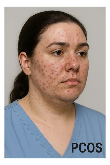 realistic 3D medical style image of a woman with PCOS, acne on face and hair under chin, clinical details, neutral background, 2:3 aspect ratio sticker