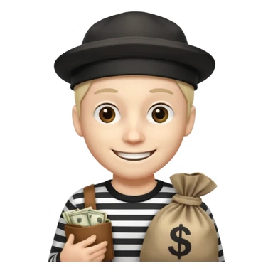 robber with 4 lines of black and white striped shirt and he has a money bag in his hand and a robber hat and he is smiling and he is whiteno money in his hand no money out of bag the bag is to the left  sticker