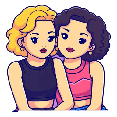 Full body of two teenage girls sitting together, one white with straight blonde hair and one brown-skinned with curly black hair, both with heavy makeup, big lips, crop tops, gold jewelry and flashy choni style outfits sticker