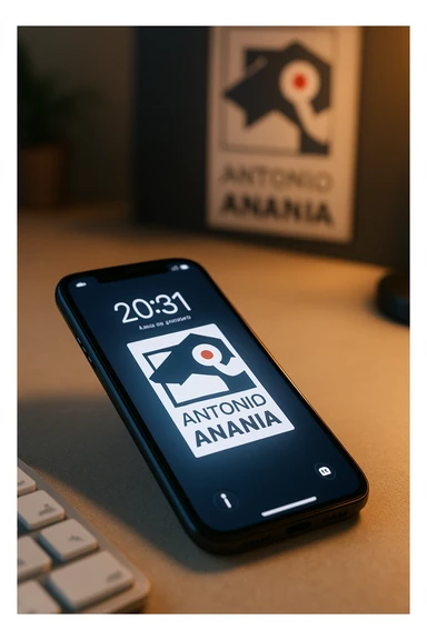 A photo of an iPhone with the message "Antonio Anania" on its screen, The phone sits atop a desk with a blurred background that suggests work environment. A faint glow from above casts gentle shadows across the surface of each object, creating depth and highlighting their textures. sticker