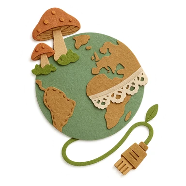 cottagecore style Internet icon, globe with moss mushrooms and lace, continents as stitched patches, ethernet cable as green vine with wooden plug, soft earthy colors, no text sticker