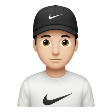 A guy wearing a white Nike shirt, a black Nike cap, sticker