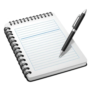 Front-facing notebook icon with a pen on the right side, minimal line-art, clean modern style, perfectly straight angle (no tilt), simple outlines, slightly 3D, no background, transparent, “documenting / journaling / tracking progress sticker