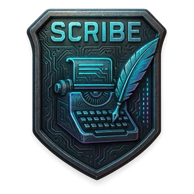 a metal insignia badge for a "scribe", space scifi-futuristic cyberpunk futurepunk sticker