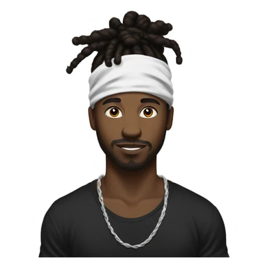 Black man with a dreadlock bun with a under cut with a white and black bandana on his head with black t shirt with no beard sticker