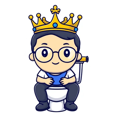 Royal king with crown sitting on a toilet, wearing round glasses and black hair sticker