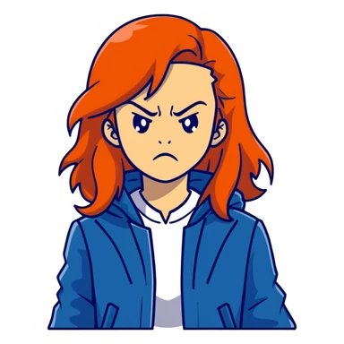 Redhead girl with long hair in blue jacket looking angry sticker