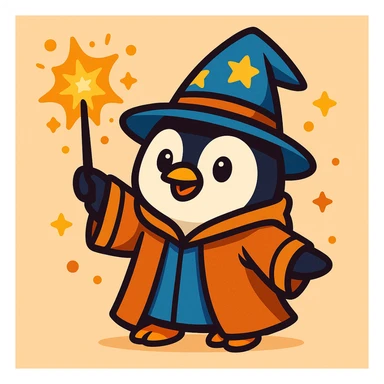 a cute penguin wizard casting a spell, wearing a robe and holding a wand, in a colorful cartoon style, vibrant toon illustration sticker