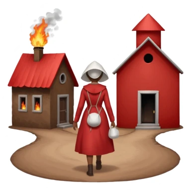 handmaids tale style woman burning house down walking away from house. shes wearing the nun hands maid tale hat cant see her face with brown hair shes wearing the red handmaids tale costume with white bonnet sticker
