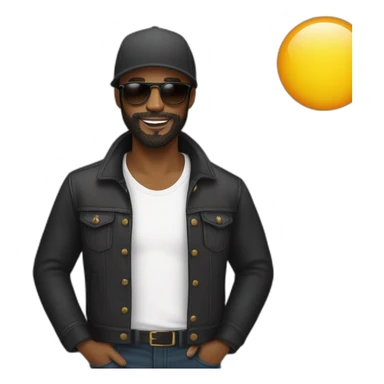 Black man with beard wearing circular sun glasses and wearing a black trucker har sticker