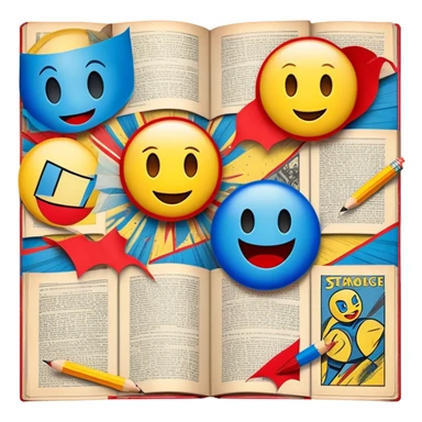 Create a vibrant emoji, representing comic books and graphic novels as an art form. The design should feature a large, opened comic book with vintage comic panels on the pages. Include a pencil (without a hand), writing text or sketching on the pages. The comic panels should have bold lines and retro-style artwork with classic comic book visuals. Use bright, energetic colors like red, yellow, and blue to evoke excitement and creativity. The overall design should feel dynamic, vintage, and artistic. Make the background transparent. sticker