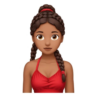 A tanned girl's face Over-the-shoulder braid dark brown hair with red halter top sticker