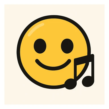 Adjust the emoji style to match the Rednote app emoji style exactly: flat, shiny rounded face, big expressive eyes, yellow and black palette, musical note symbol, no 3D effects. sticker