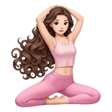 beautiful brunette with a light balayage white girl with nice defined and long curls , very long hair, clean girl makeup STRETCHING HER BODY IN LIGHT PINK GYM sticker