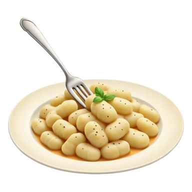 Gnocchi Cinematic Realistic Gnocchi Dish Emoji, depicted as tender oblong potato gnocchi garnished with iconic fork marks on top, rendered with soft textures and warm, inviting lighting. sticker