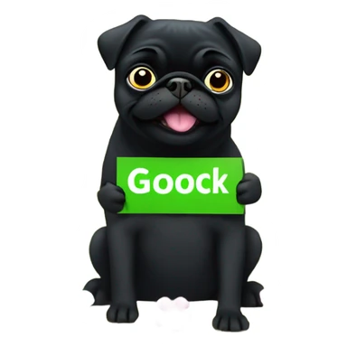 Black pug , surrounded by flowers, holding a green sign that says “good luck”  sticker
