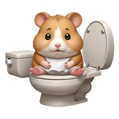 Cute chubby cartoon-style hamster sitting on toilet looking as if he had an accident, sticker-style illustration sticker