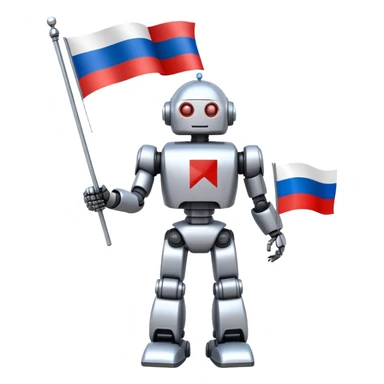 Futuristic robot holding a Russian flag sticker