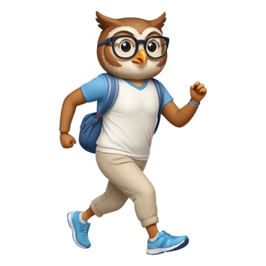 friendly anthropomorphised owl in pants and a shirt, wearing glasses, jogging upright, standard pose sticker